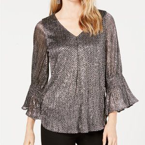 Alfani Black Foil Smocked Sleeve Top PET LG NWT